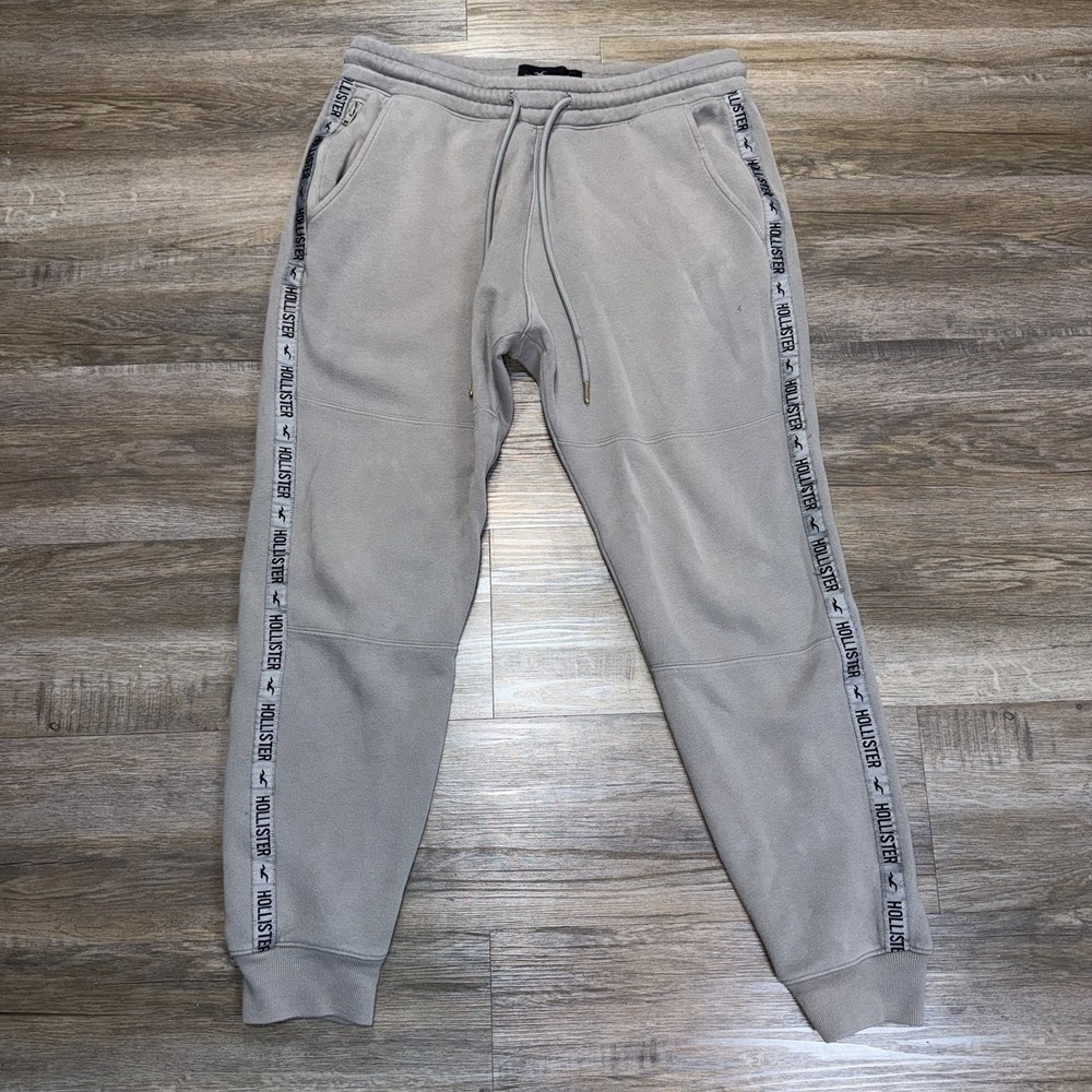 Hollister Logo-Tape Fleece Jogger Sweatpants Mens L Gray w/Repeating Side Logo